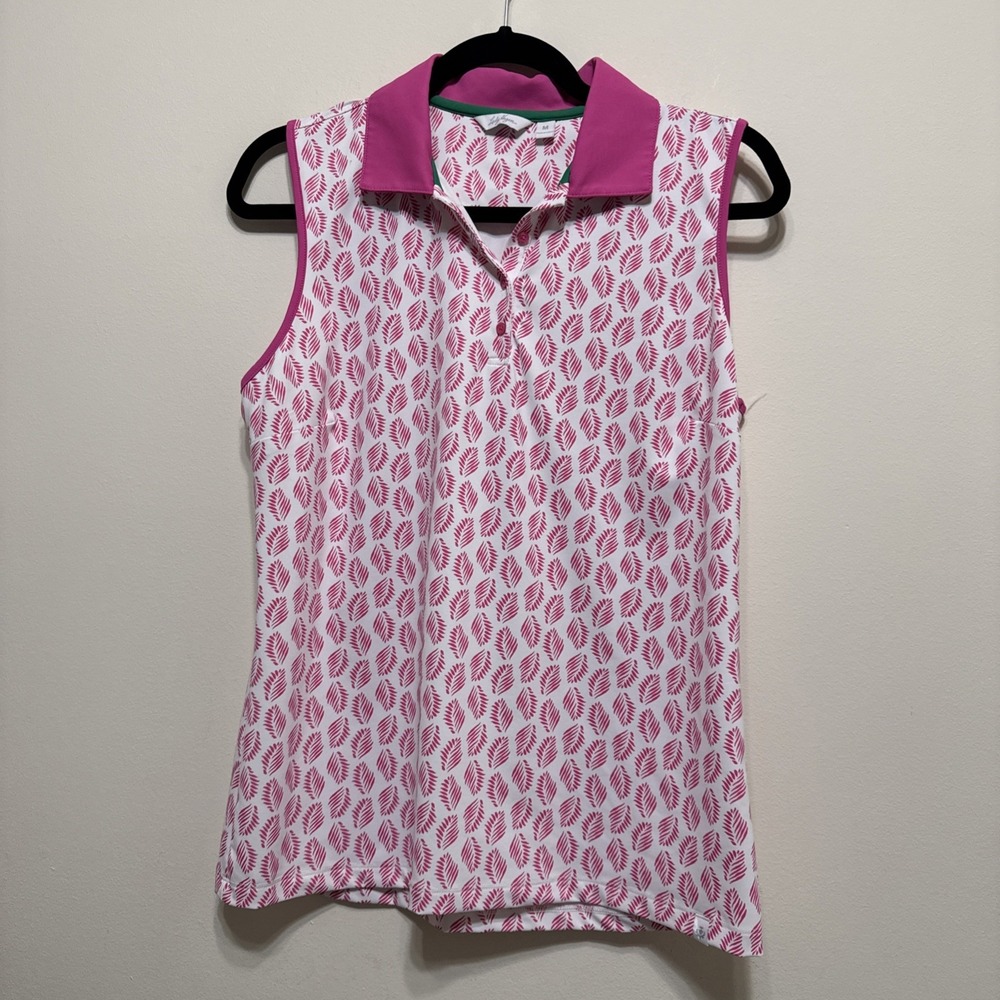 Lady Hagen Women's M Palm Leaf Sleeveless Golf Polo White Pink Top Shirt EUC